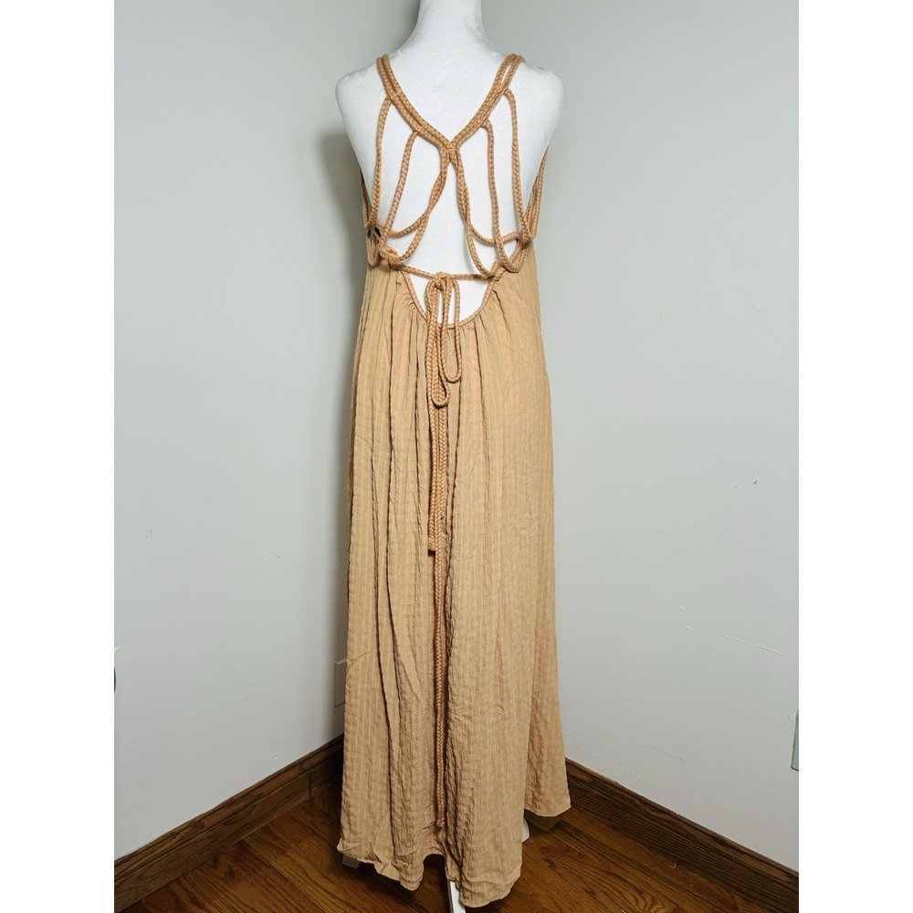 Boho Maxi Dress Sz M Tan Festival Strappy Back Beach - Picture 3 of 8